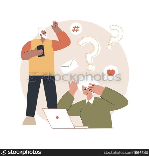 Low-technical communication abstract concept vector illustration. Trouble with using technology, special devices for older people, lo-tech systems, supportive communication abstract metaphor.. Low-technical communication abstract concept vector illustration.