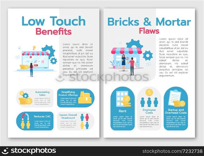 Low touch benefits brochure template. Brics and mortal flows. Flyer, booklet, leaflet concept with flat illustrations. Vector page cartoon layout for magazine. advertising invitation with text space. Low touch benefits brochure template