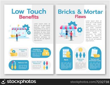 Low touch benefits brochure template. Brics and mortal flows. Flyer, booklet, leaflet concept with flat illustrations. Vector page cartoon layout for magazine. advertising invitation with text space. Low touch benefits brochure template