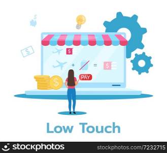 Low touch business model flat vector illustration. Minimal human assistance sales. Selling product, service. Online shopping. Desktop screen. Last minute tickets. Isolated cartoon character on white. Low touch business model flat vector illustration