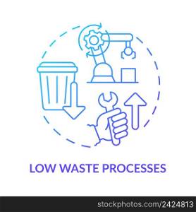 Low waste processes blue gradient concept icon. Industrial ecology. Cleaner production option abstract idea thin line illustration. Isolated outline drawing. Myriad Pro-Bold font used. Low waste processes blue gradient concept icon