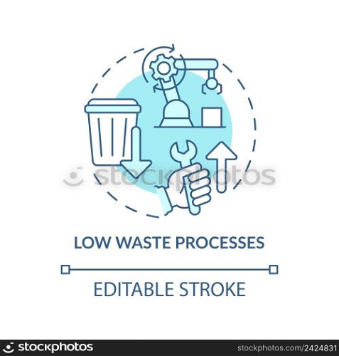Low waste processes turquoise concept icon. Cleaner production option abstract idea thin line illustration. Isolated outline drawing. Editable stroke. Arial, Myriad Pro-Bold fonts used. Low waste processes turquoise concept icon