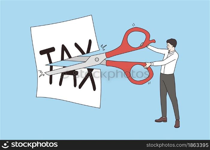 Lower and cutting tax concept. Businessman standing with scissors cutting tax written on white paper reducing making less vector illustration . Lower and cutting tax concept.