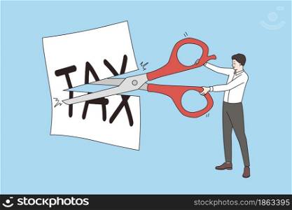 Lower and cutting tax concept. Businessman standing with scissors cutting tax written on white paper reducing making less vector illustration . Lower and cutting tax concept.