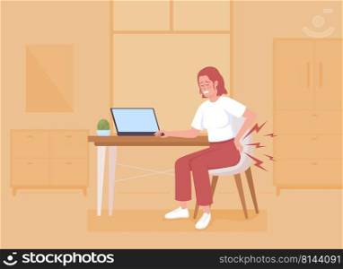 Lower back pain while seated flat color vector illustration. Woman suffering from backache after sitting all day. Fully editable 2D simple cartoon character with cozy office interior on background. Lower back pain while seated flat color vector illustration