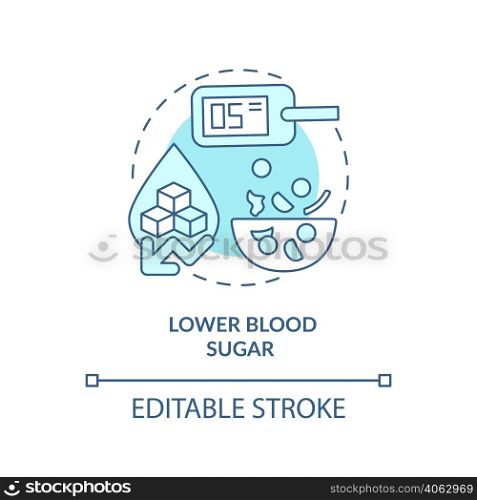 Lower blood sugar turquoise concept icon. Diabetes prevention. Benefit of vegan diet abstract idea thin line illustration. Isolated outline drawing. Editable stroke. Arial, Myriad Pro-Bold fonts used. Lower blood sugar turquoise concept icon