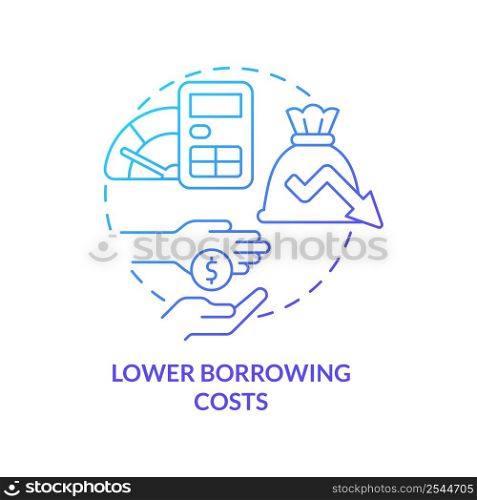 Lower borrowing costs blue gradient concept icon. Reduce loan costs. Balanced budget requirement abstract idea thin line illustration. Isolated outline drawing. Myriad Pro-Bold font used. Lower borrowing costs blue gradient concept icon