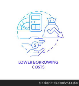 Lower borrowing costs blue gradient concept icon. Reduce loan costs. Balanced budget requirement abstract idea thin line illustration. Isolated outline drawing. Myriad Pro-Bold font used. Lower borrowing costs blue gradient concept icon