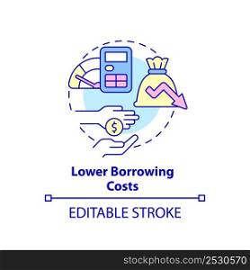 Lower borrowing costs concept icon. Reduce loan costs. Balanced budget requirement abstract idea thin line illustration. Isolated outline drawing. Editable stroke. Arial, Myriad Pro-Bold fonts used. Lower borrowing costs concept icon