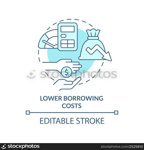 Lower borrowing costs turquoise concept icon. Balanced budget requirement abstract idea thin line illustration. Isolated outline drawing. Editable stroke. Arial, Myriad Pro-Bold fonts used. Lower borrowing costs turquoise concept icon