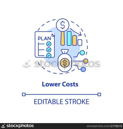 Lower costs concept icon. Strategy to decrease price for technology. Web 3 0 abstract idea thin line illustration. Isolated outline drawing. Editable stroke. Arial, Myriad Pro-Bold fonts used. Lower costs concept icon