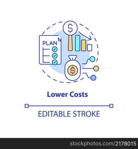 Lower costs concept icon. Strategy to decrease price for technology. Web 3 0 abstract idea thin line illustration. Isolated outline drawing. Editable stroke. Arial, Myriad Pro-Bold fonts used. Lower costs concept icon