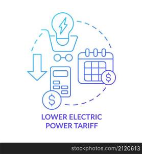 Lower electric power tariff blue gradient concept icon. Integration of smart grids technology abstract idea thin line illustration. Isolated outline drawing. Roboto-Medium, Myriad Pro-Bold fonts used. Lower electric power tariff blue gradient concept icon