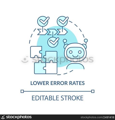 Lower error rates turquoise concept icon. Artificial intelligence advantage abstract idea thin line illustration. Isolated outline drawing. Editable stroke. Arial, Myriad Pro-Bold fonts used. Lower error rates turquoise concept icon