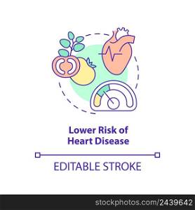 Lower risk of heart disease concept icon. Heart attack prevention. Veganism benefit abstract idea thin line illustration. Isolated outline drawing. Editable stroke. Arial, Myriad Pro-Bold fonts used. Lower risk of heart disease concept icon