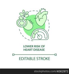 Lower risk of heart disease green concept icon. Heart attack prevention. Veganism abstract idea thin line illustration. Isolated outline drawing. Editable stroke. Arial, Myriad Pro-Bold fonts used. Lower risk of heart disease green concept icon