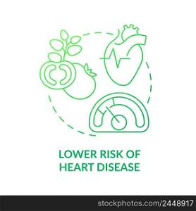 Lower risk of heart disease green gradient concept icon. Heart attack prevention. Veganism abstract idea thin line illustration. Isolated outline drawing. Myriad Pro-Bold font used. Lower risk of heart disease green gradient concept icon