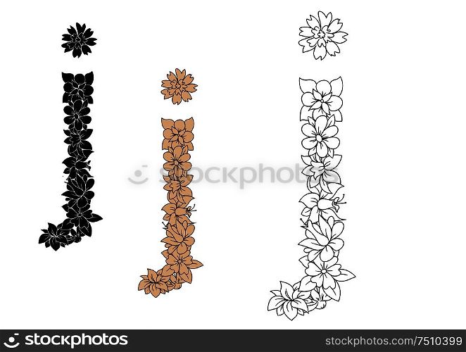 Lowercase letter j in decorative floral font with flowers and tendrils. Colorless, brown and black color variations