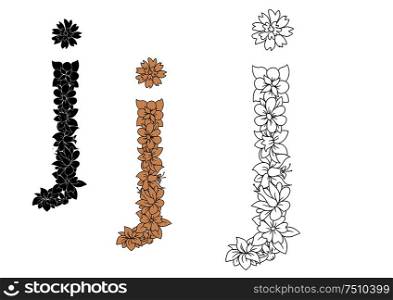Lowercase letter j in decorative floral font with flowers and tendrils. Colorless, brown and black color variations