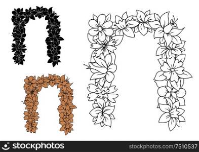 Lowercase vintage letter n, composed of vintage decorative daisies, cornflowers and narcissuses. Isolated on white. Vintage letter n with decorative flowers