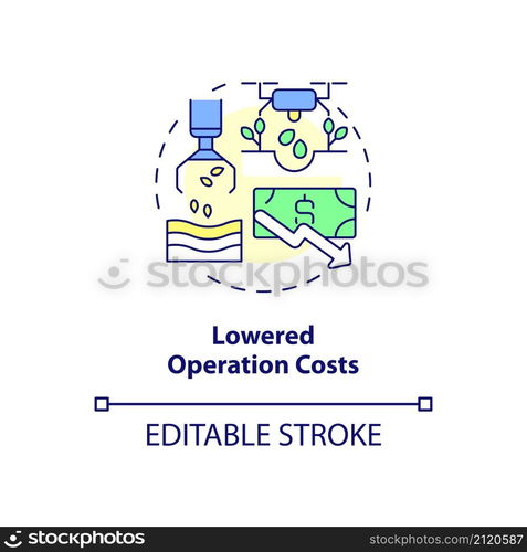 Lowered operation costs concept icon. Smart farming advantage abstract idea thin line illustration. Isolated outline drawing. Editable stroke. Roboto-Medium, Myriad Pro-Bold fonts used. Lowered operation costs concept icon