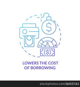 Lowers cost of borrowing blue gradient concept icon. Low interest rate. Effect of inflation abstract idea thin line illustration. Isolated outline drawing. Myriad Pro-Bold font used. Lowers cost of borrowing blue gradient concept icon