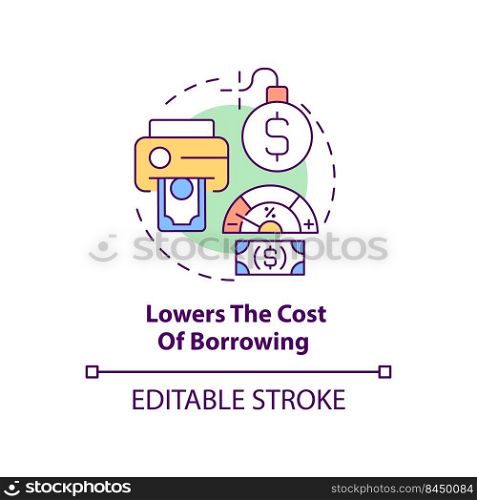 Lowers cost of borrowing concept icon. Low interest rate. Effect of inflation abstract idea thin line illustration. Isolated outline drawing. Editable stroke. Arial, Myriad Pro-Bold fonts used. Lowers cost of borrowing concept icon