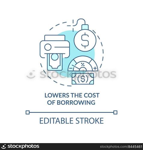 Lowers cost of borrowing turquoise concept icon. Low interest rate. Inflation effect abstract idea thin line illustration. Isolated outline drawing. Editable stroke. Arial, Myriad Pro-Bold fonts used. Lowers cost of borrowing turquoise concept icon