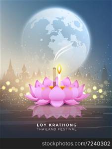 Loy krathong thailand festival at night on bokeh abstract background, vector illustration