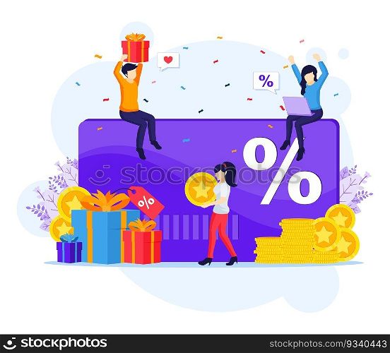 Loyalty marketing program, People receives a gift box, Discount and loyalty card, rewards card points, and bonuses flat vector illustration