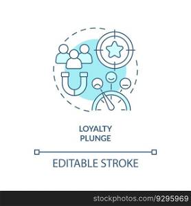 Loyalty plunge turquoise concept icon. Brand strategy. Customer retention. Shared values. Build community abstract idea thin line illustration. Isolated outline drawing. Editable stroke. Loyalty plunge turquoise concept icon