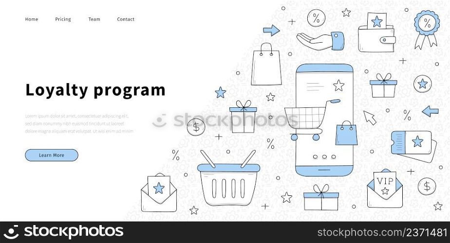 Loyalty program banner with doodle gift boxes, mobile phone, shopping cart, discount card and stars. Vector landing page of customer reward, exclusive benefit and bonus for vip members. Loyalty program banner with doodle illustration