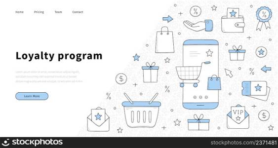 Loyalty program banner with doodle gift boxes, mobile phone, shopping cart, discount card and stars. Vector landing page of customer reward, exclusive benefit and bonus for vip members. Loyalty program banner with doodle illustration