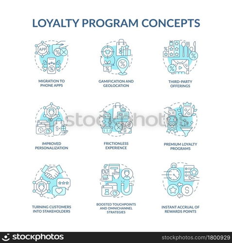 Loyalty program blue concept icons set. Customers engagement idea thin line color illustrations. Retention of clients methods. Reward program trends. Vector isolated outline drawings. Editable stroke. Loyalty program blue concept icons set