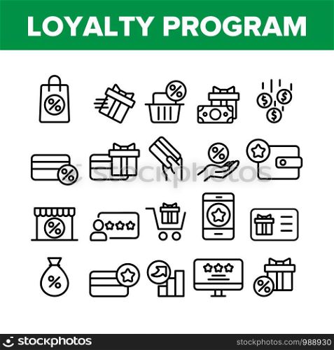 Loyalty Program Bonus Collection Icons Set Vector Thin Line. Bag And Market With Percentage Mark, Present Gift And Wallet Loyalty Program Concept Linear Pictograms. Monochrome Contour Illustrations. Loyalty Program Bonus Collection Icons Set Vector