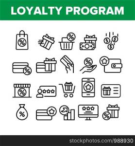 Loyalty Program Bonus Collection Icons Set Vector Thin Line. Bag And Market With Percentage Mark, Present Gift And Wallet Loyalty Program Concept Linear Pictograms. Monochrome Contour Illustrations. Loyalty Program Bonus Collection Icons Set Vector