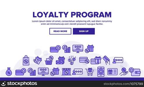 Loyalty Program Bonus Landing Web Page Header Banner Template Vector. Bag And Market With Percentage Mark, Present Gift And Wallet Loyalty Program Illustration. Loyalty Program Bonus Landing Header Vector