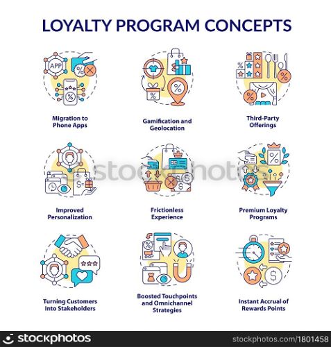 Loyalty program concept icons set. Customers engagement idea thin line color illustrations. Retention of clients methods. Reward program trends. Vector isolated outline drawings. Editable stroke. Loyalty program concept icons set