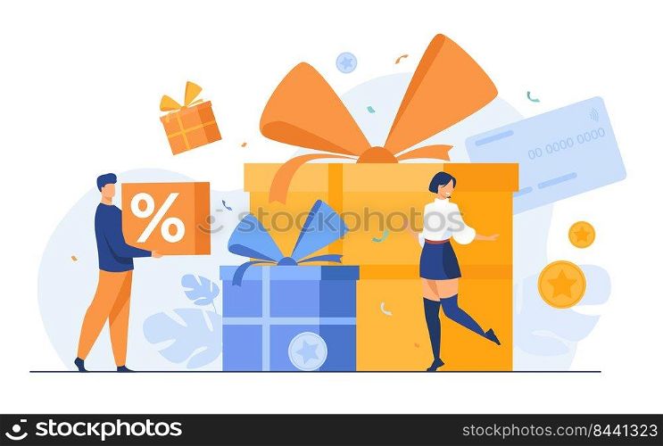 Loyalty program concept. People getting gifts and rewards from store, bonus points, discount. Flat vector illustration for promotion, commerce, sale, marketing topics