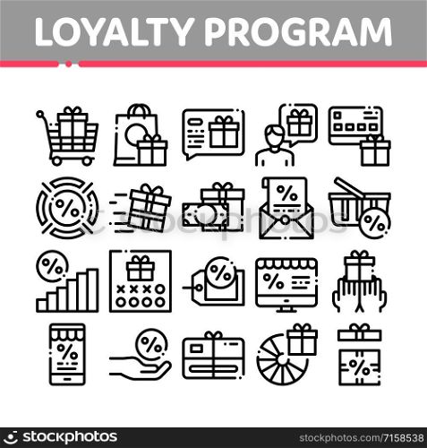 Loyalty Program For Customer Icons Set Vector Thin Line. Human Silhouette And Present In Box Or Bag, Percent Mark And Money Loyalty Program Concept Linear Pictograms. Monochrome Contour Illustrations. Loyalty Program For Customer Icons Set Vector