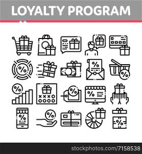 Loyalty Program For Customer Icons Set Vector Thin Line. Human Silhouette And Present In Box Or Bag, Percent Mark And Money Loyalty Program Concept Linear Pictograms. Monochrome Contour Illustrations. Loyalty Program For Customer Icons Set Vector