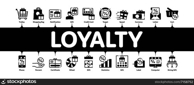 Loyalty Program For Customer Minimal Infographic Web Banner Vector. Human Silhouette And Present In Box Or Bag, Percent Mark And Money Loyalty Program Concept Illustrations. Loyalty Program Minimal Infographic Banner Vector