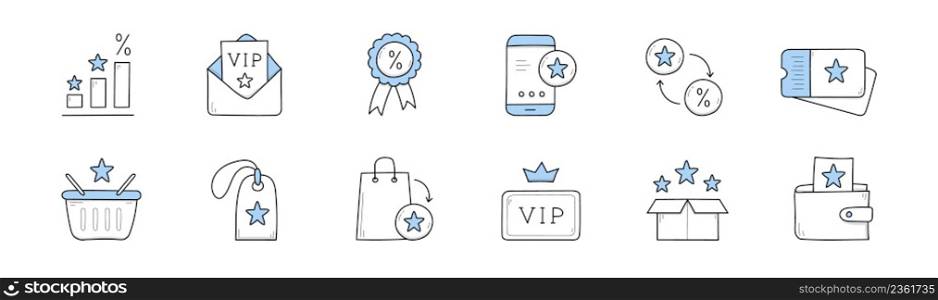 Loyalty program icons, customer reward, bonus, discount card. Vector hand drawn signs of loyal clients incentive, exclusive benefits and gifts for vip members. Loyalty program icons, customer reward, bonus