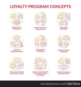 Loyalty program red gradient concept icons set. Customers engagement idea thin line color illustrations. Retention of clients. Reward program trends. Vector isolated outline drawings.. Loyalty program red gradient concept icons set