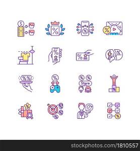 Loyalty program related light and dark theme RGB color icons set. Benefits and rewards for customers. Isolated vector illustrations on white and black space. Simple filled line drawings pack. Loyalty program related light and dark theme RGB color icons set