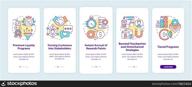 Loyalty program tendencies onboarding mobile app page screen. Reward program walkthrough 5 steps graphic instructions with concepts. UI, UX, GUI vector template with linear color illustrations. Loyalty program tendencies onboarding mobile app page screen