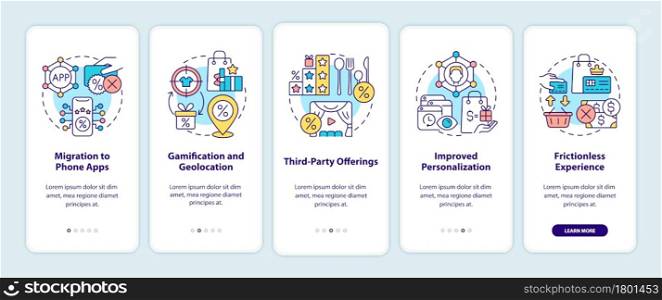 Loyalty programs trends onboarding mobile app page screen. Bonus system tendencies walkthrough 5 steps graphic instructions with concepts. UI, UX, GUI vector template with linear color illustrations. Loyalty programs trends onboarding mobile app page screen