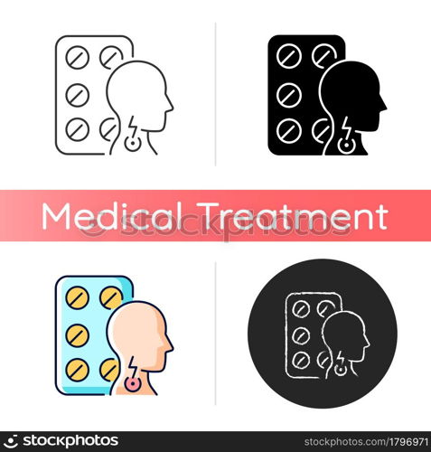 Lozenges for sore throat icon. Irritation sensations relieving. Soothing itchy throat. Remedy for killing bacteria. Cold medication. Linear black and RGB color styles. Isolated vector illustrations. Lozenges for sore throat icon