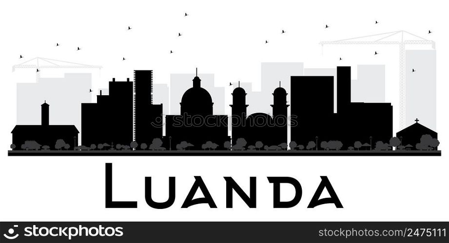 Luanda City skyline black and white silhouette. Vector illustration. Simple flat concept for tourism presentation, banner, placard or web site. Business travel concept. Cityscape with landmarks