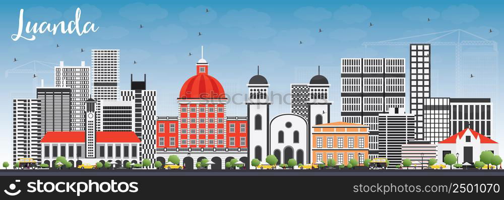 Luanda Skyline with Gray Buildings and Blue Sky. Vector Illustration. Business Travel and Tourism Concept with Modern Architecture. Image for Presentation Banner Placard and Web Site.